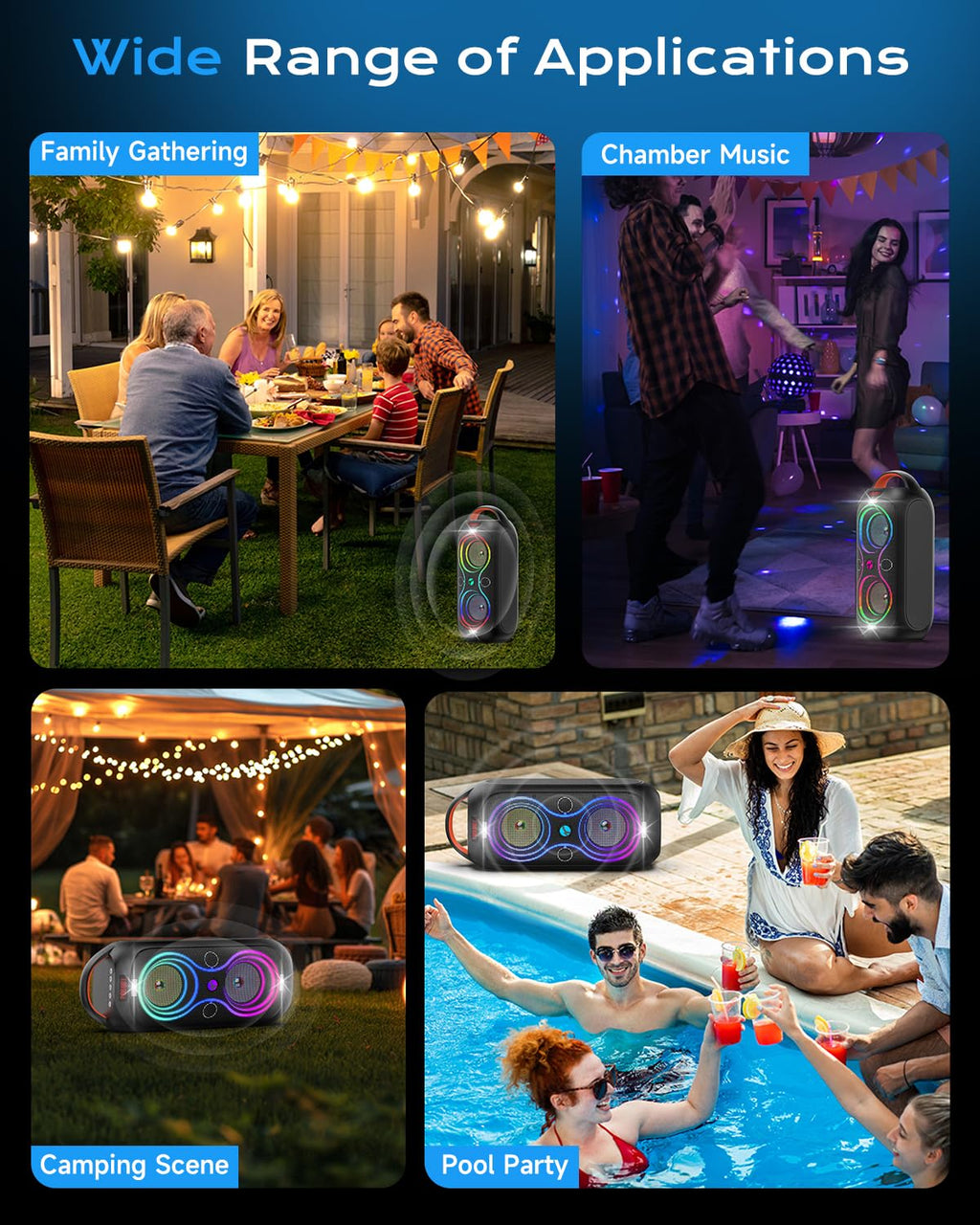 Party Bluetooth Speaker with Dual 4" Woofers, 60W Peak Power, 12H Playtime, Dynamic LED Lights, TWS, FM, AUX, USB, Mic Input, Portable Rechargeable Speaker for Indoor & Outdoor Events -Updated Version M74246