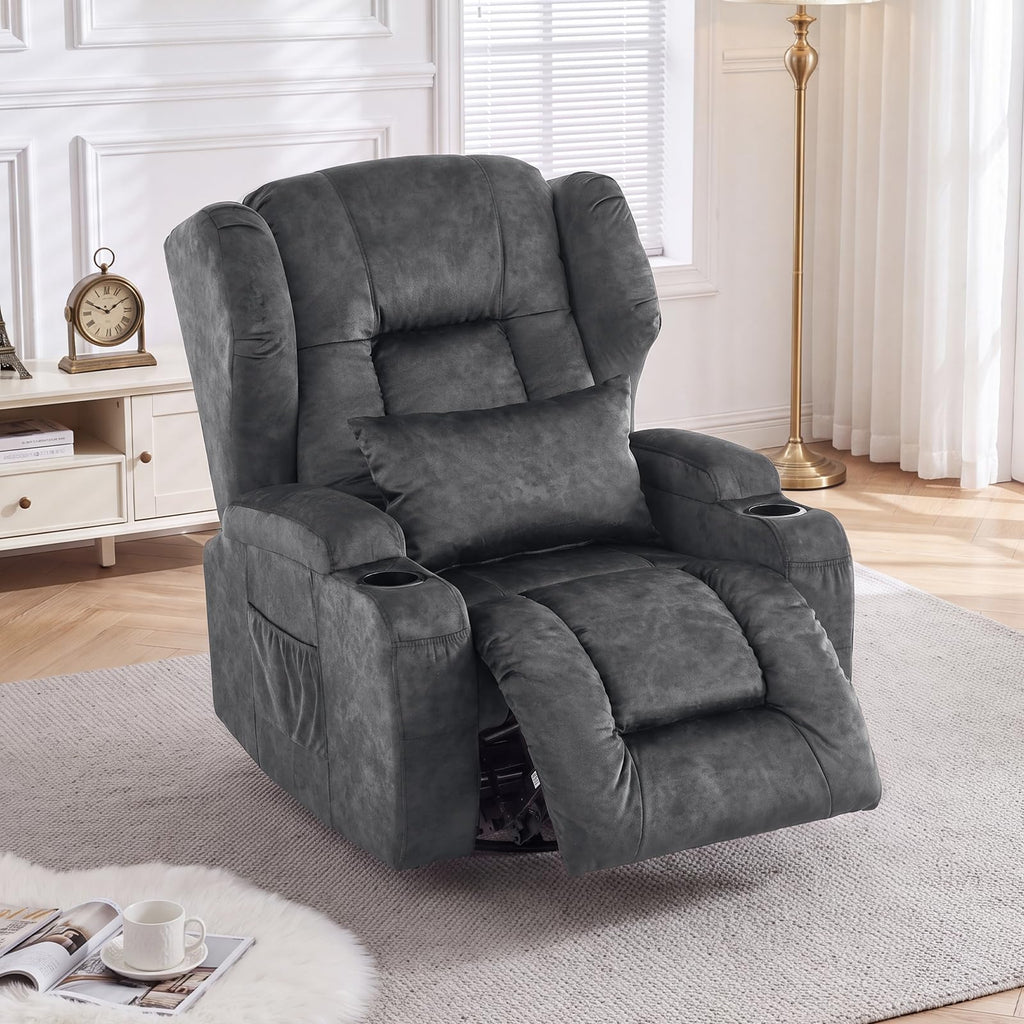Oversized Velvet Swivel Rocker Recliner Chair with Cup Holders T757