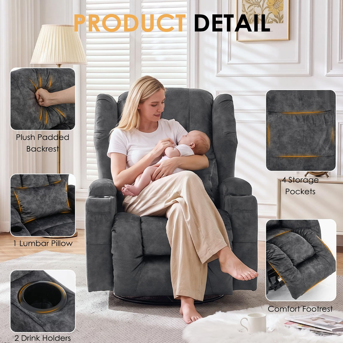 Oversized Velvet Swivel Rocker Recliner Chair with Cup Holders T757