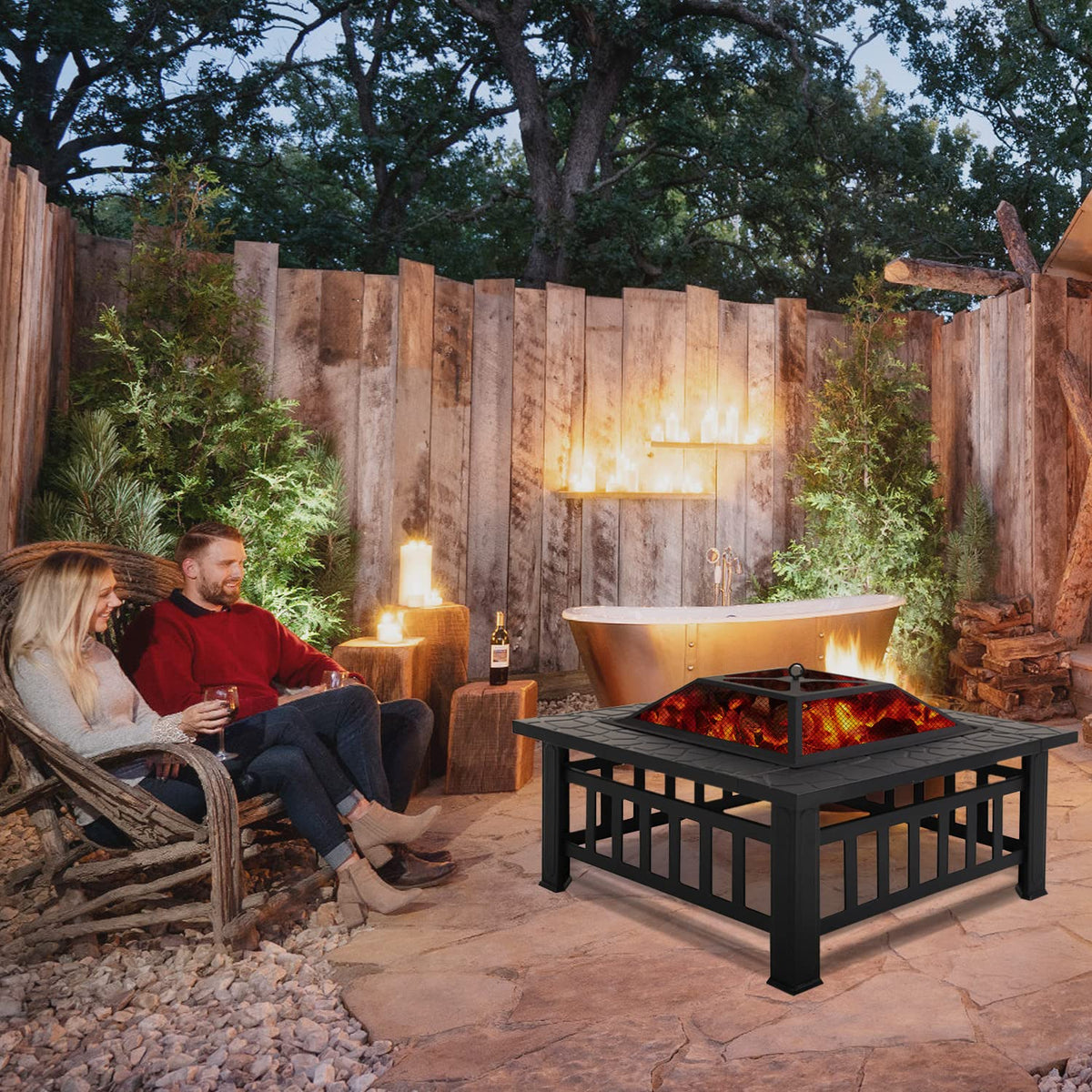 32" Square Wood Burning Fire Pit Table with Spark Screen H36209