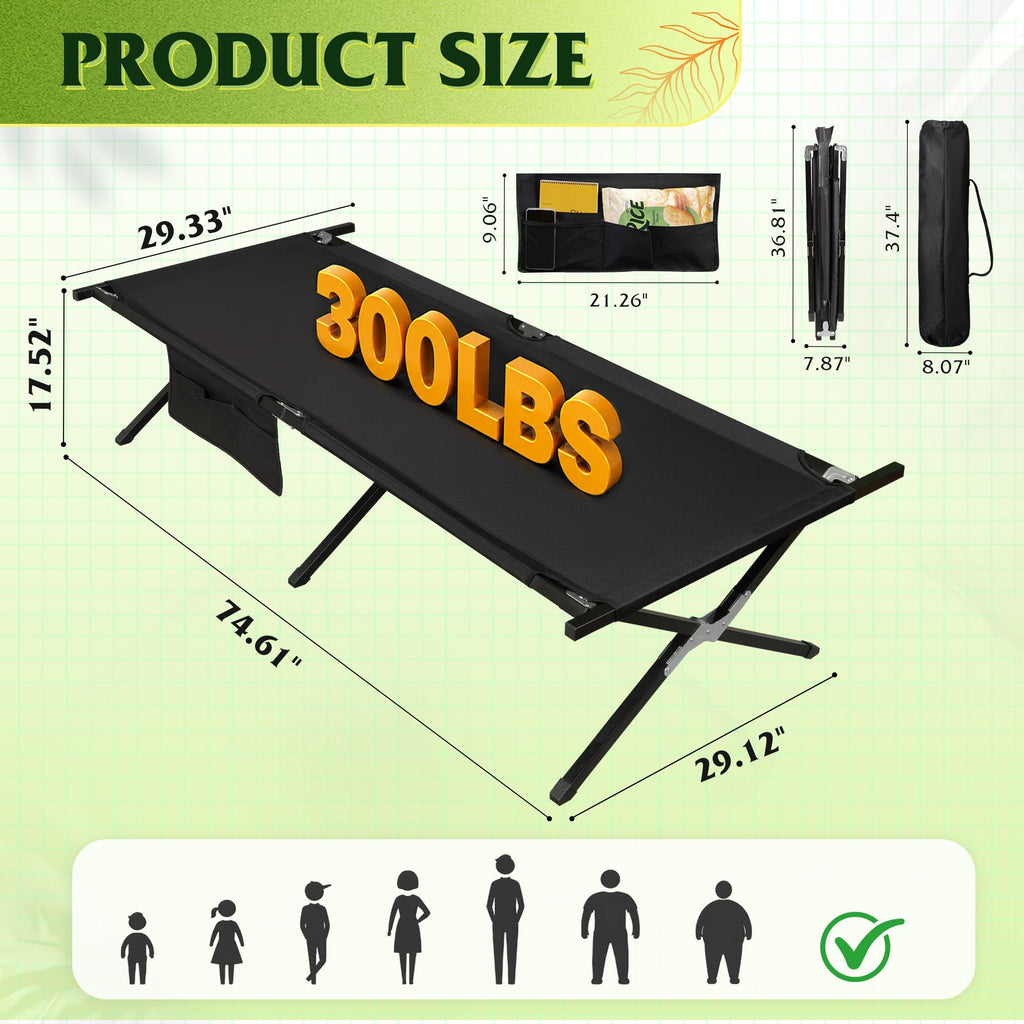 Folding Camping Cot with Carry Bag, 300 lb, Black E8123