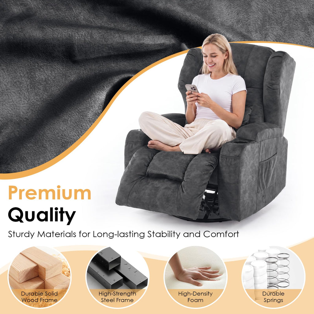 Oversized Velvet Swivel Rocker Recliner Chair with Cup Holders T757