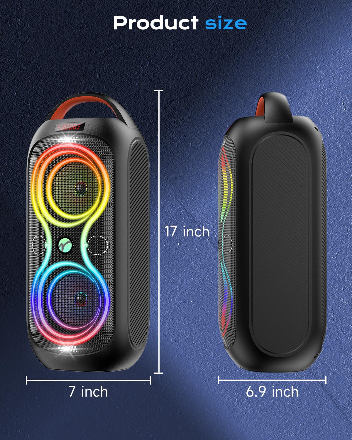 Party Bluetooth Speaker with Dual 4" Woofers, 60W Peak Power, 12H Playtime, Dynamic LED Lights, TWS, FM, AUX, USB, Mic Input, Portable Rechargeable Speaker for Indoor & Outdoor Events -Updated Version M74246