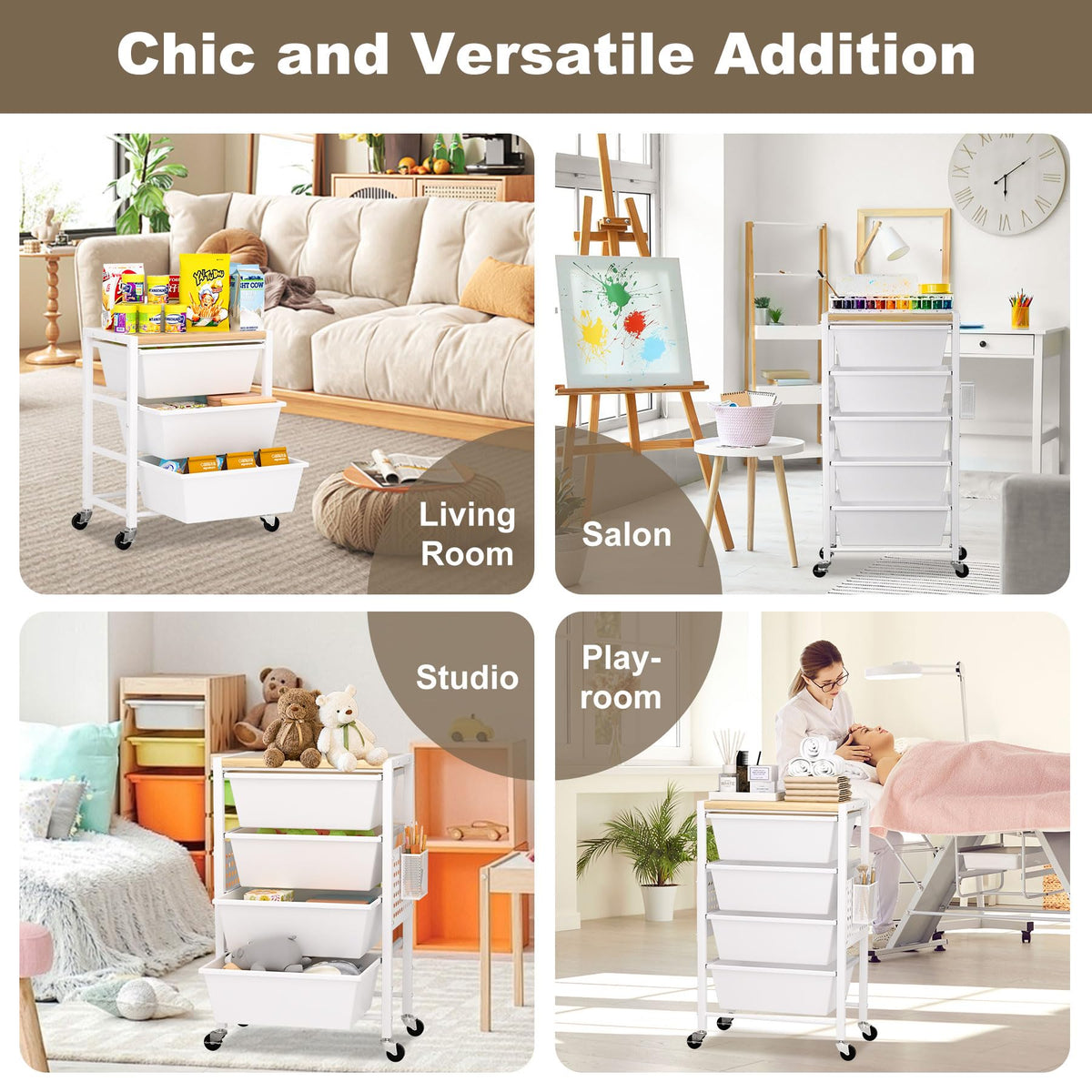 Rolling Storage Cart with 5 Plastic Drawers and Wooden Tabletop V926606