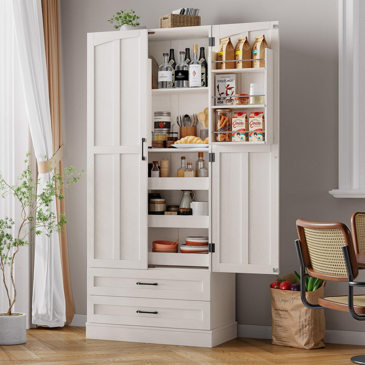 71" Off-White Kitchen Pantry Cabinet with 3 Pull-Out Shelf & 2 Drawer Z89452
