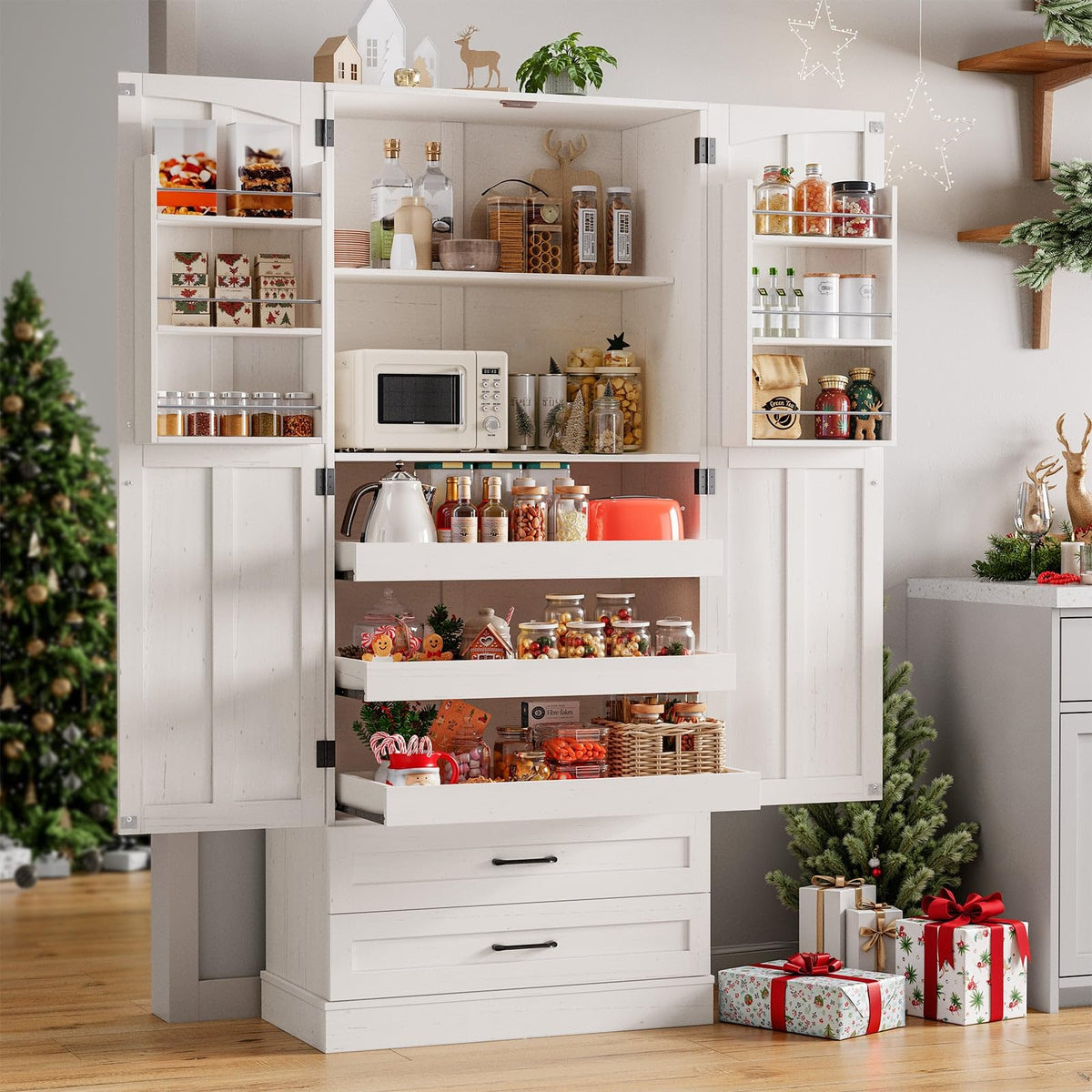 71" Off-White Kitchen Pantry Cabinet with 3 Pull-Out Shelf & 2 Drawer Z89452