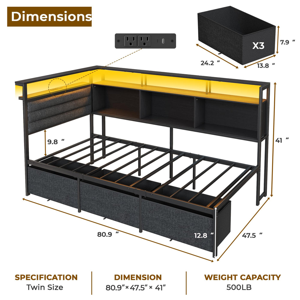 Twin Corner Bed Frame with Upholstered Headboard, 3 Storage Drawers O47978