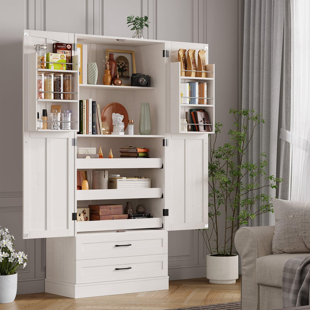 71" Off-White Kitchen Pantry Cabinet with 3 Pull-Out Shelf & 2 Drawer Z89452