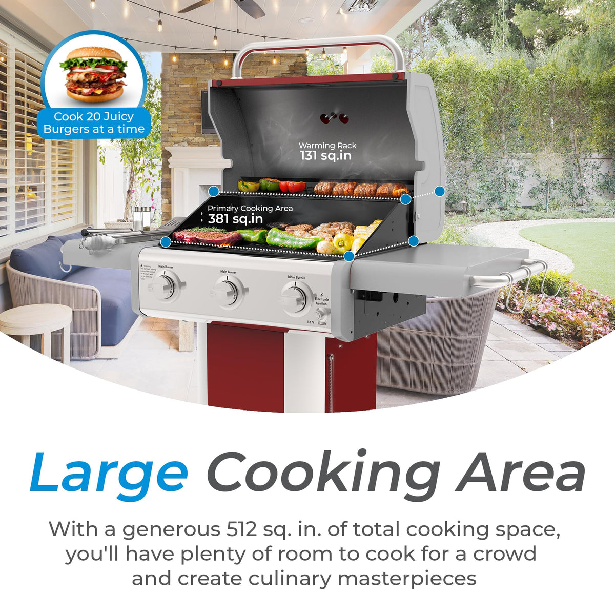 3-Burner Liquid Propane Gas Grill with Folding Sides, Wheels, 30000 BTU, Red L273792
