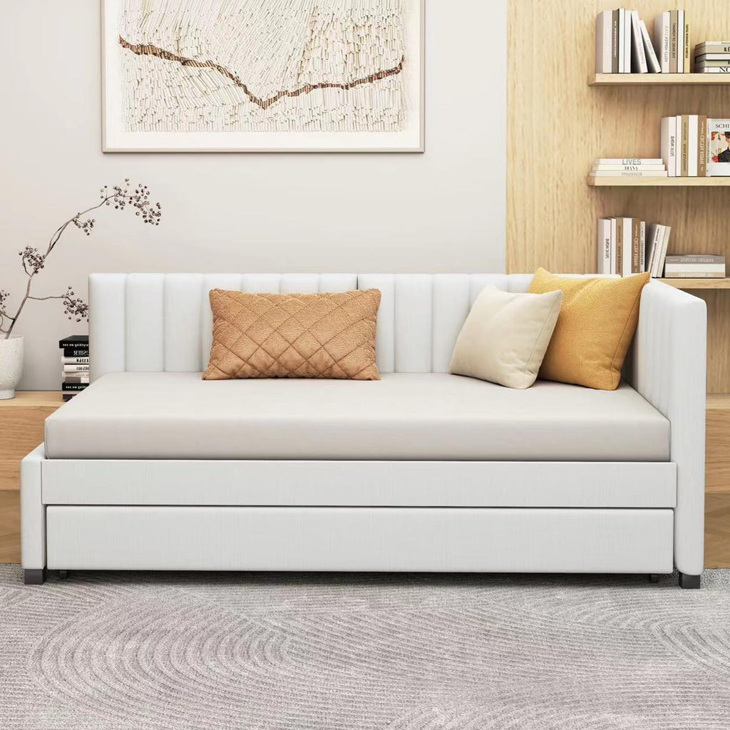 Upholstered Daybed with Trundle Linen Fabric Beige Twin U43235