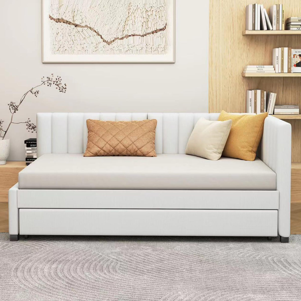 Upholstered Daybed with Trundle Linen Fabric Beige Twin U43235