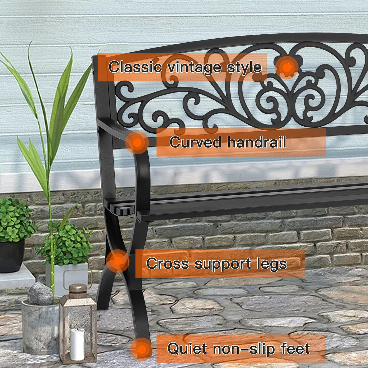 50 inch Black Metal Patio Garden Bench with Armrests T215345