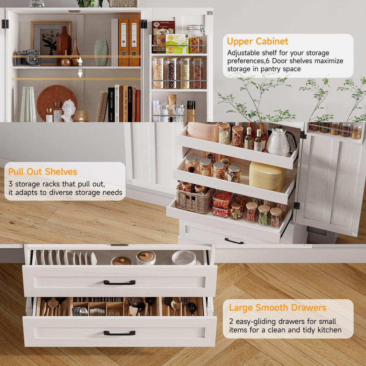 71" Off-White Kitchen Pantry Cabinet with 3 Pull-Out Shelf & 2 Drawer Z89452