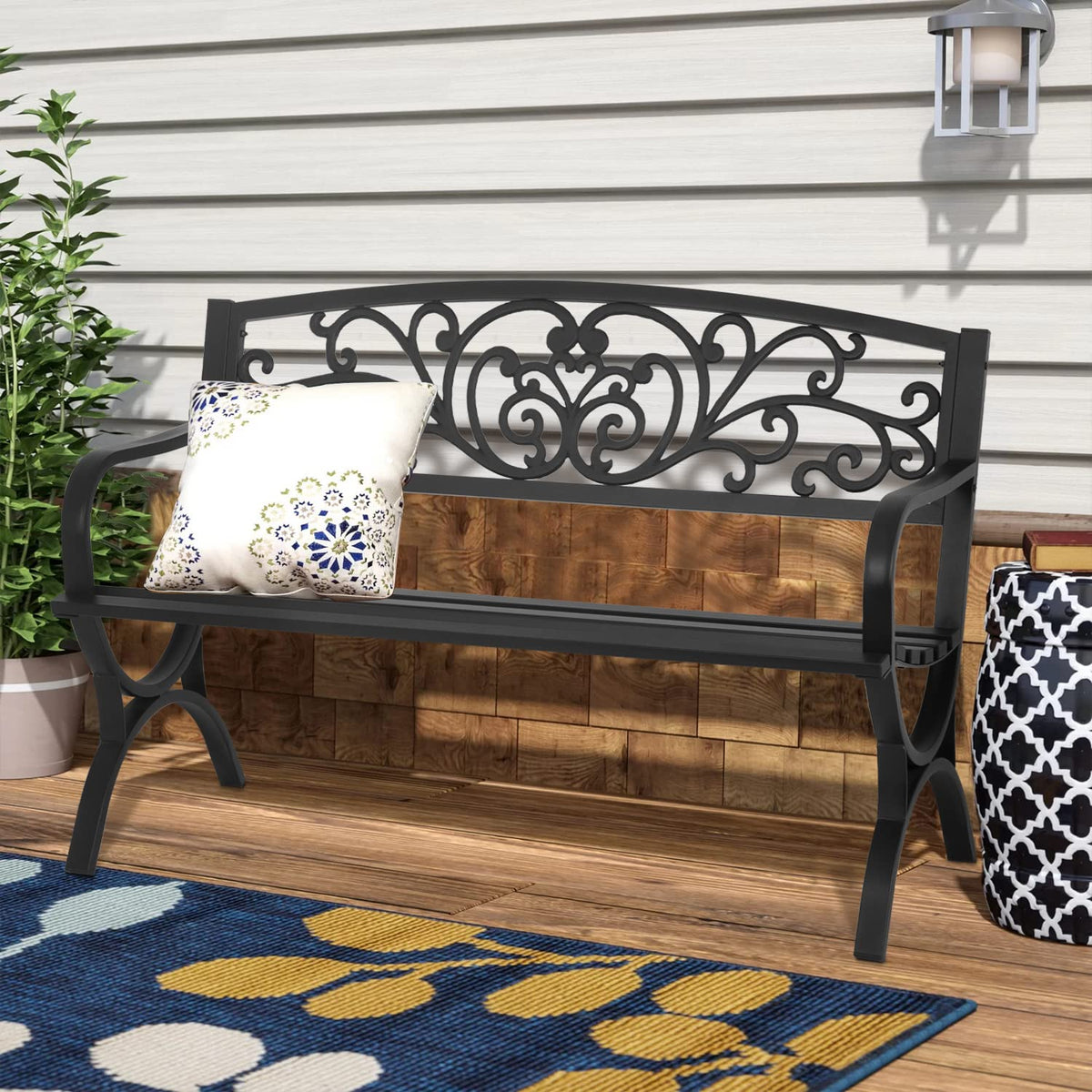 50 inch Black Metal Patio Garden Bench with Armrests T215345