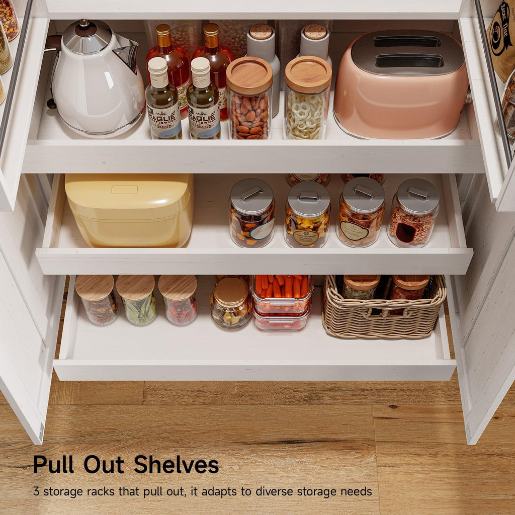 71" Off-White Kitchen Pantry Cabinet with 3 Pull-Out Shelf & 2 Drawer Z89452