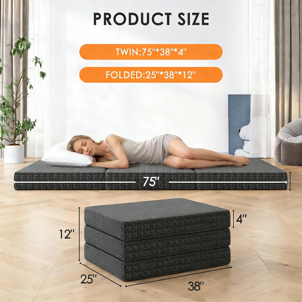 4 Inch Tri-Fold Twin Size Memory Foam Mattress with Washable Cover V899210