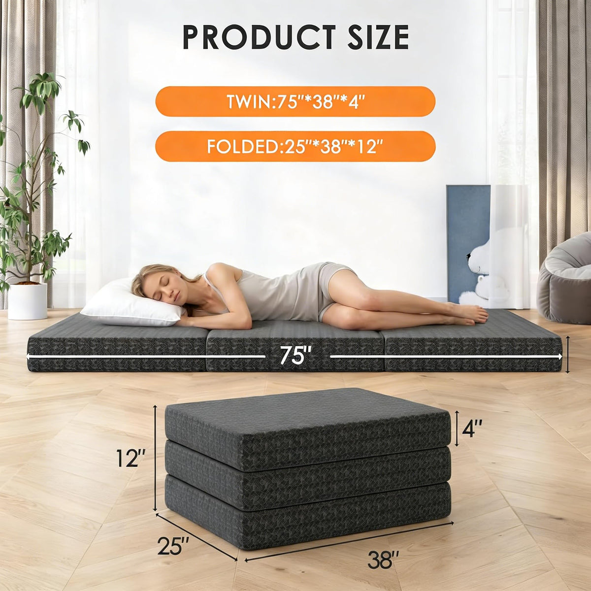 4 Inch Tri-Fold Twin Size Memory Foam Mattress with Washable Cover V899210