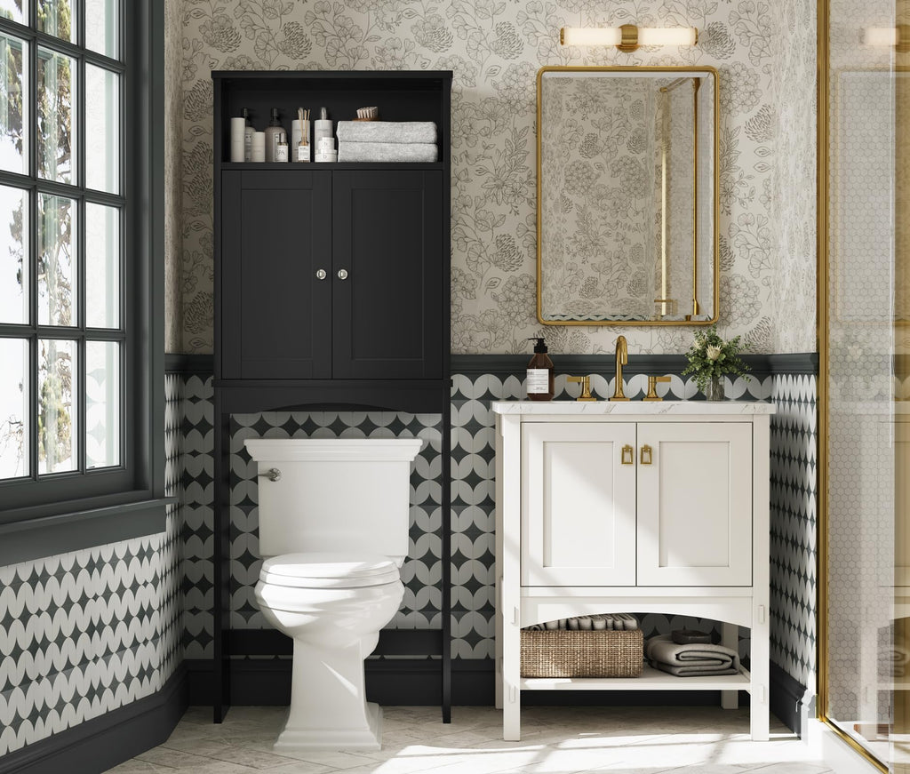 Over The Toilet Storage Cabinet with Adjustable Shelf and Double Door, Black F753928