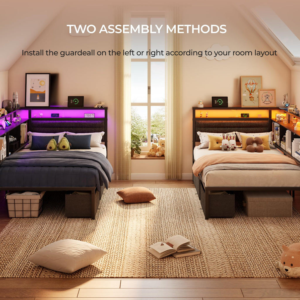 Twin Corner Bed Frame with Upholstered Headboard, 3 Storage Drawers O47978