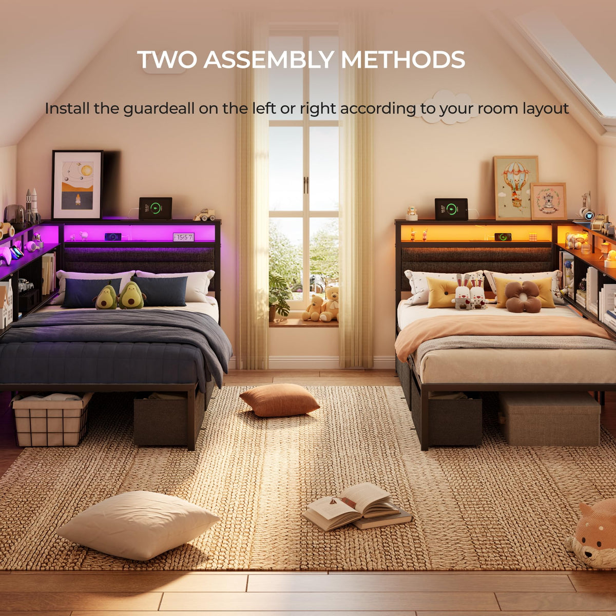 Twin Corner Bed Frame with Upholstered Headboard, 3 Storage Drawers O47978