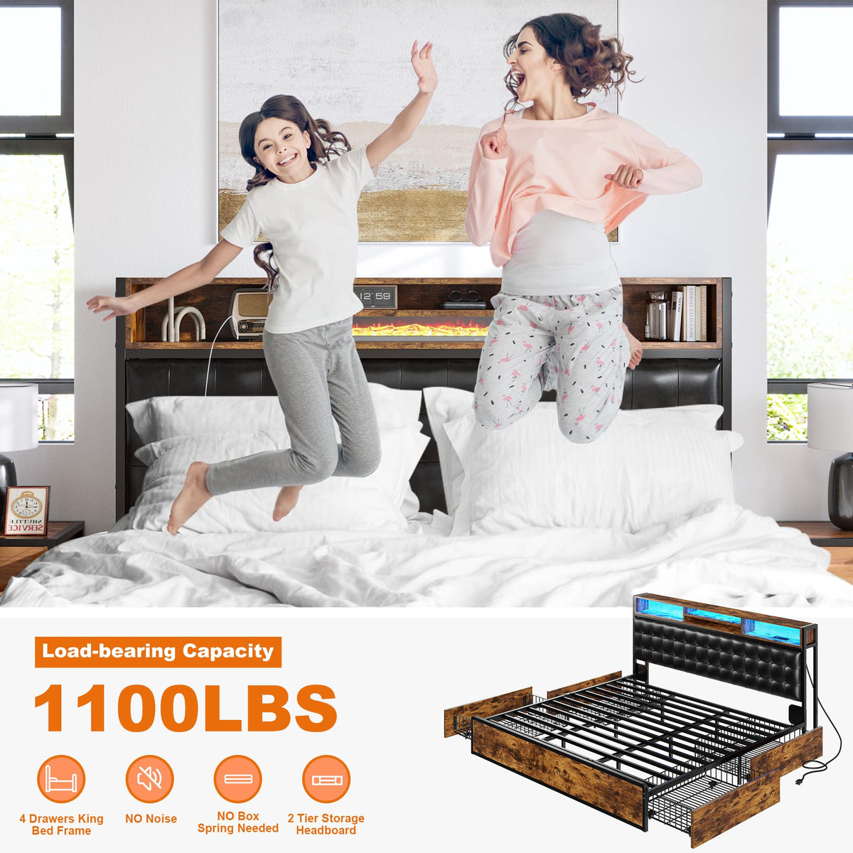 King Bed Frame with 4 Drawers Z633961