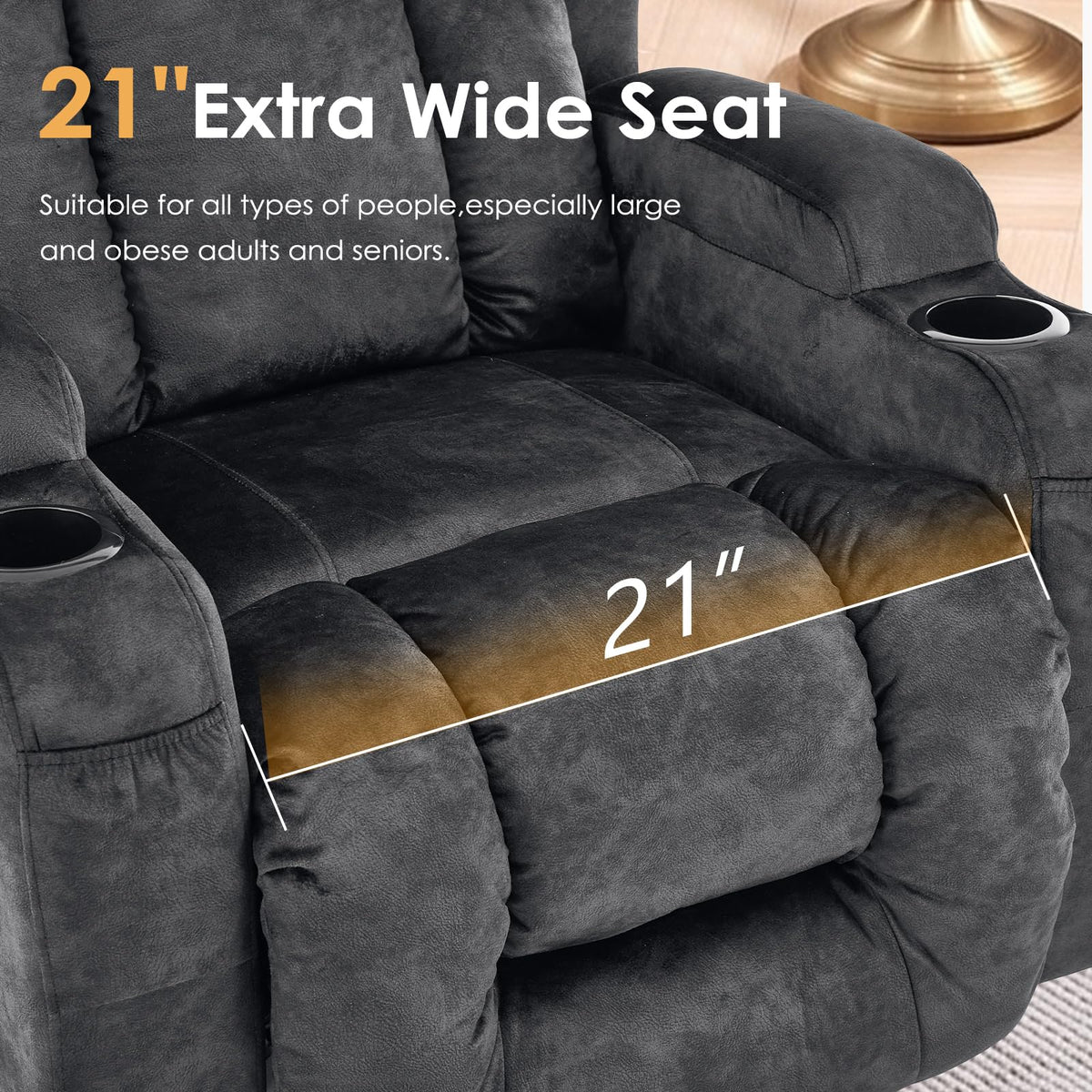 Oversized Velvet Swivel Rocker Recliner Chair with Cup Holders T757