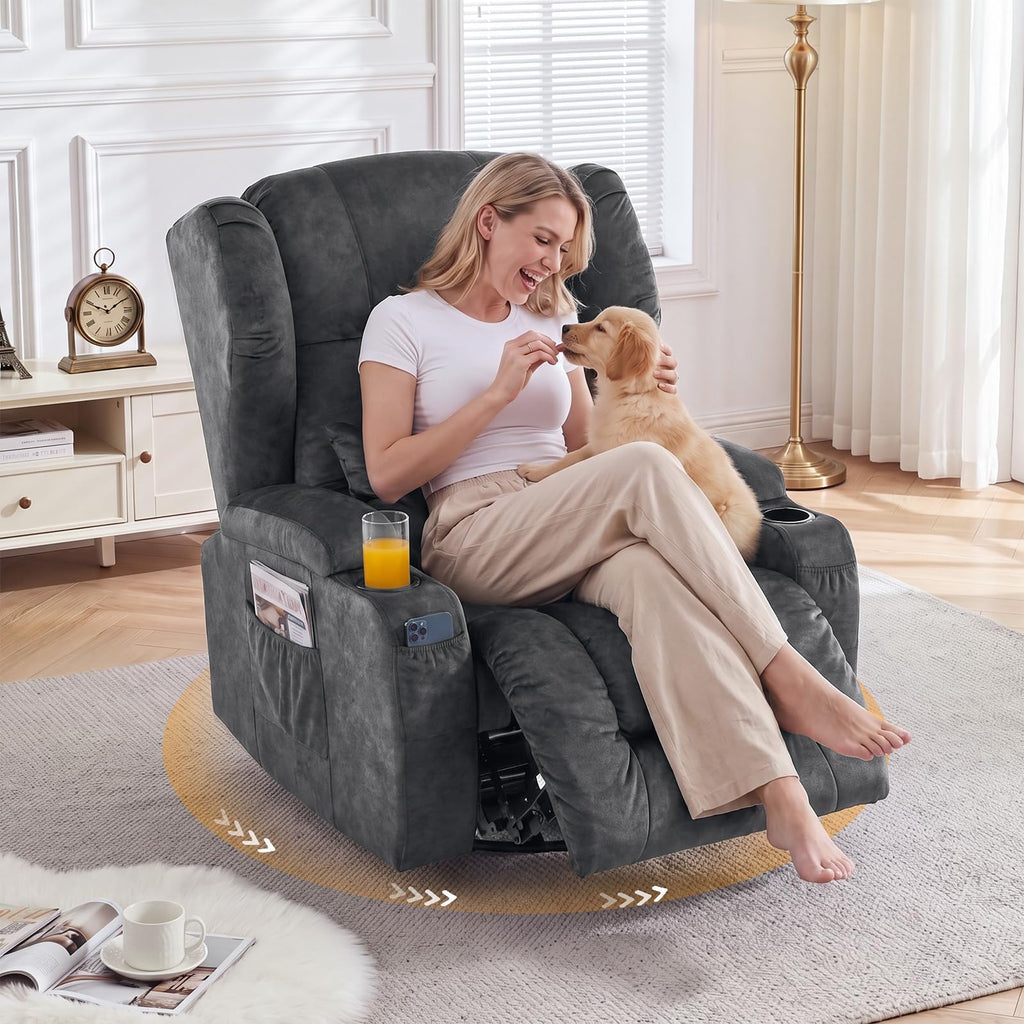 Oversized Velvet Swivel Rocker Recliner Chair with Cup Holders T757