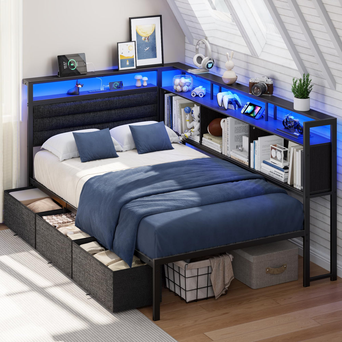 Twin Corner Bed Frame with Upholstered Headboard, 3 Storage Drawers O47978