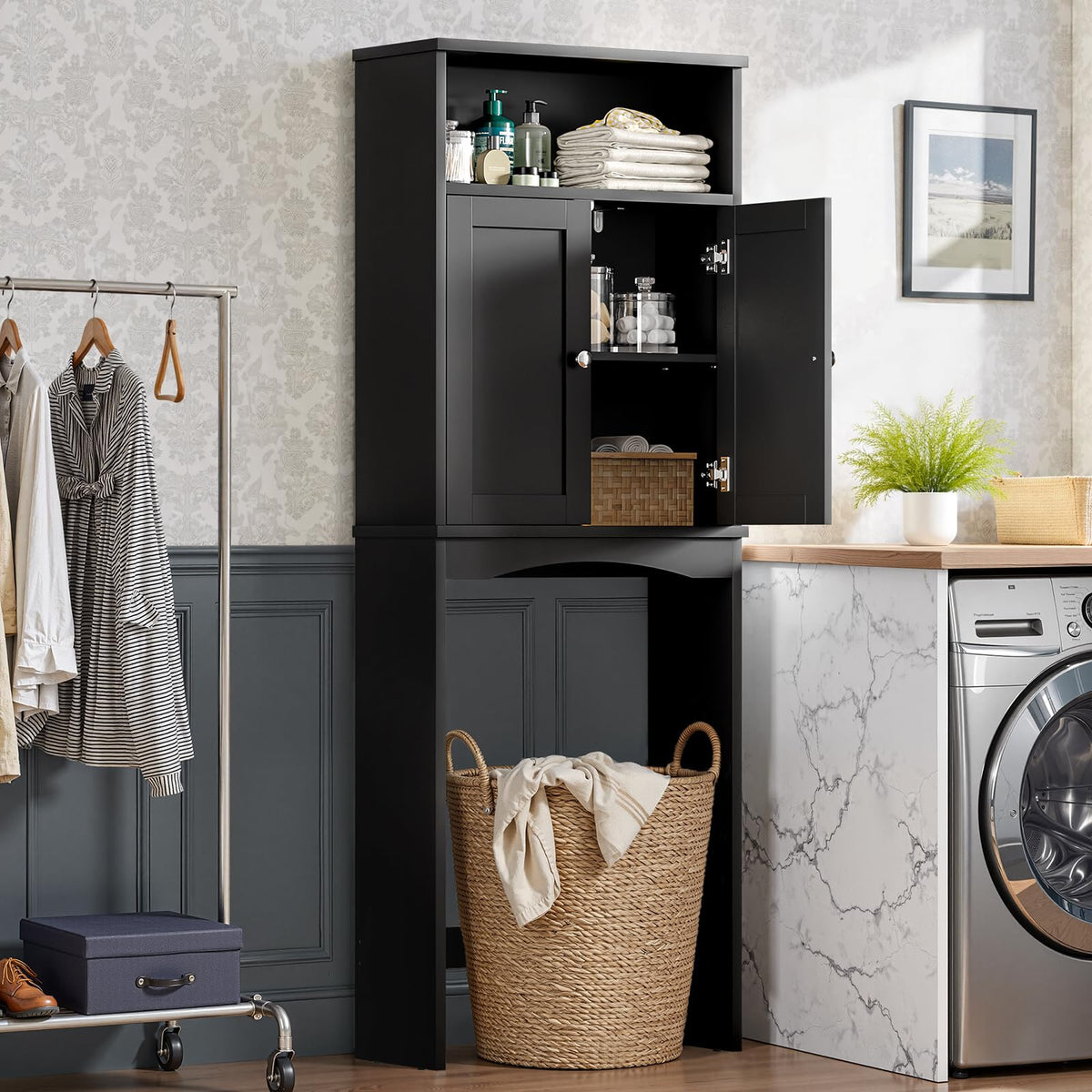 Over The Toilet Storage Cabinet with Adjustable Shelf and Double Door, Black F753928