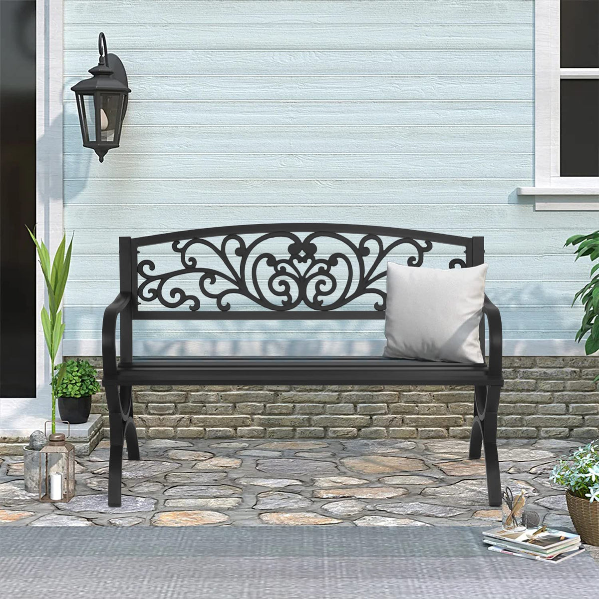 50 inch Black Metal Patio Garden Bench with Armrests T215345