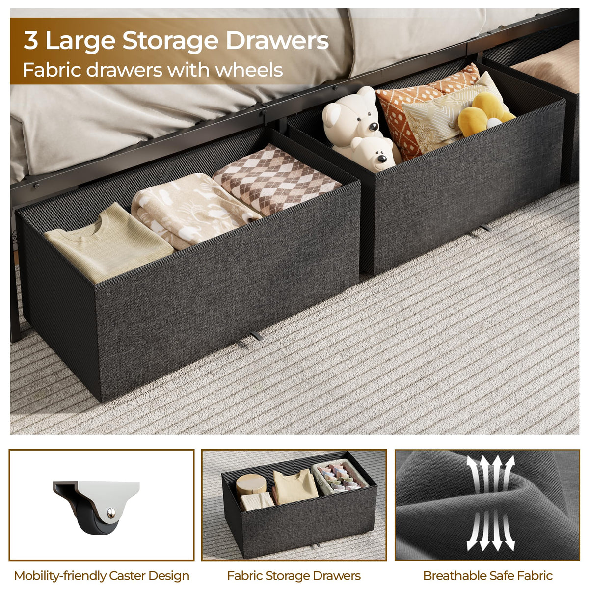 Twin Corner Bed Frame with Upholstered Headboard, 3 Storage Drawers O47978