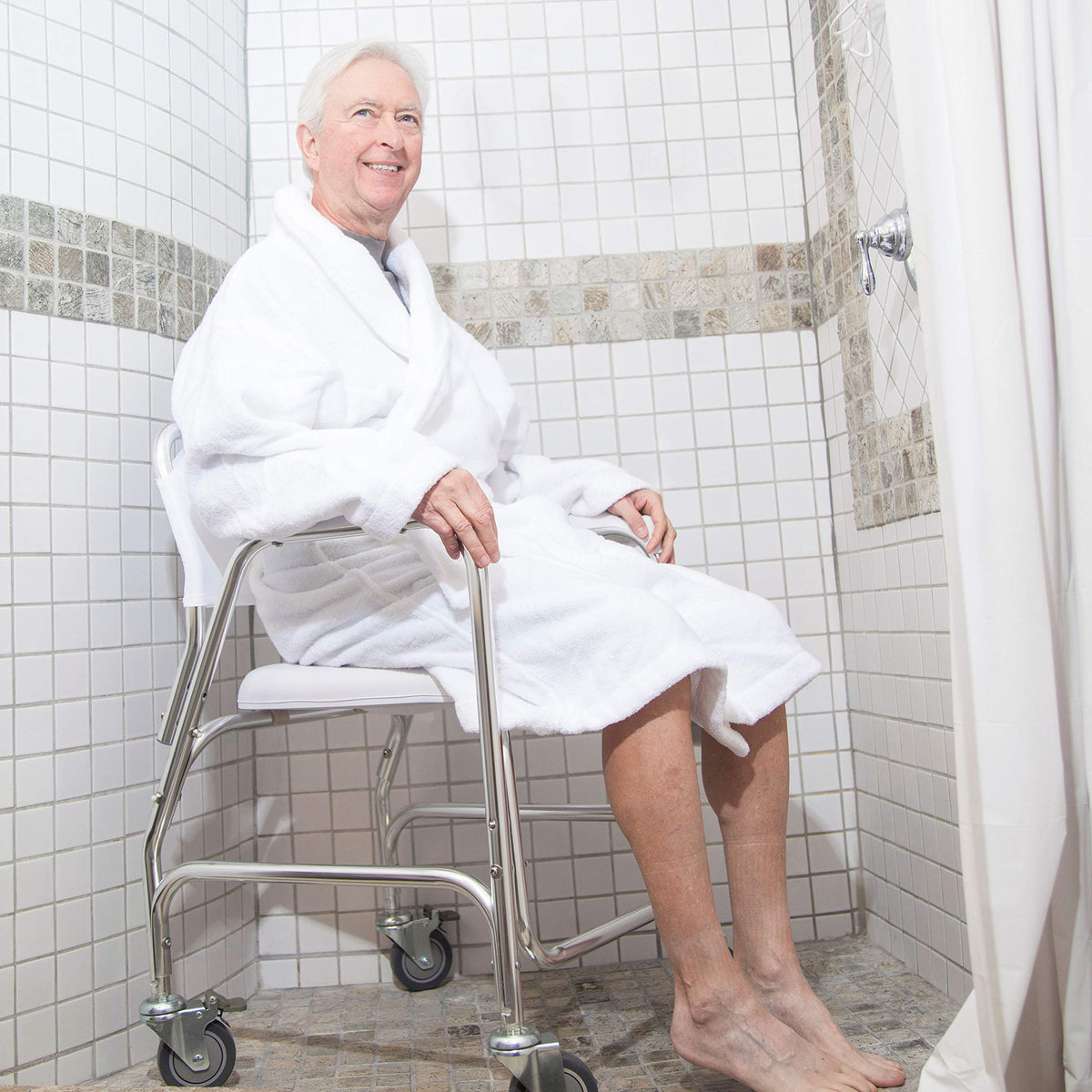 Rolling Shower Commode Chair Aluminum Frame White 250 Lb. Weight Capacity O87306
