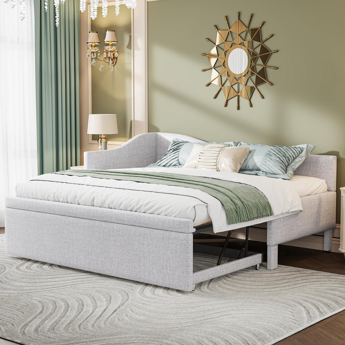 Beige Linen Upholstered Twin Size L-Shaped Daybed with Pop Up Trundle Z23564