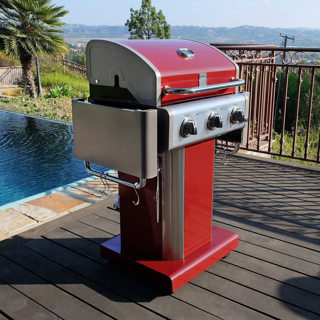 3-Burner Liquid Propane Gas Grill with Folding Sides, Wheels, 30000 BTU, Red L273792