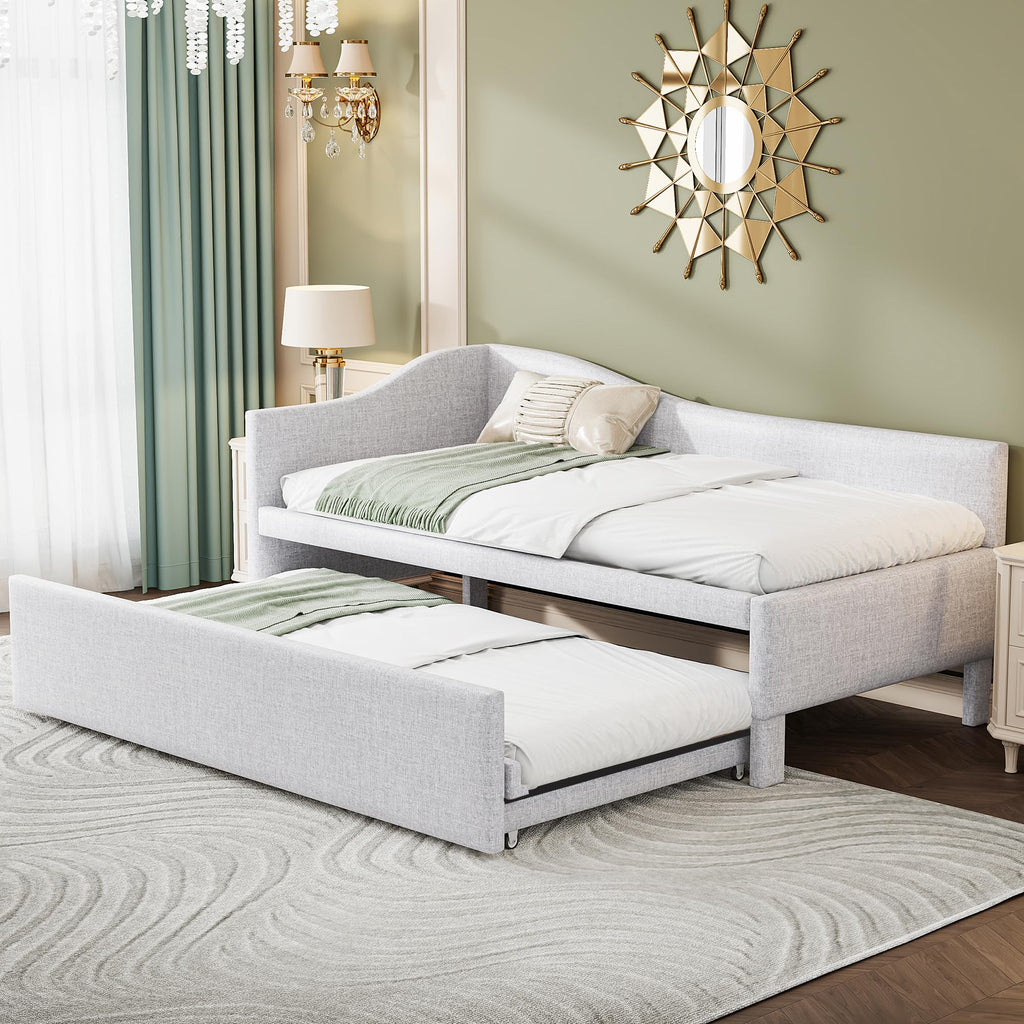 Beige Linen Upholstered Twin Size L-Shaped Daybed with Pop Up Trundle Z23564