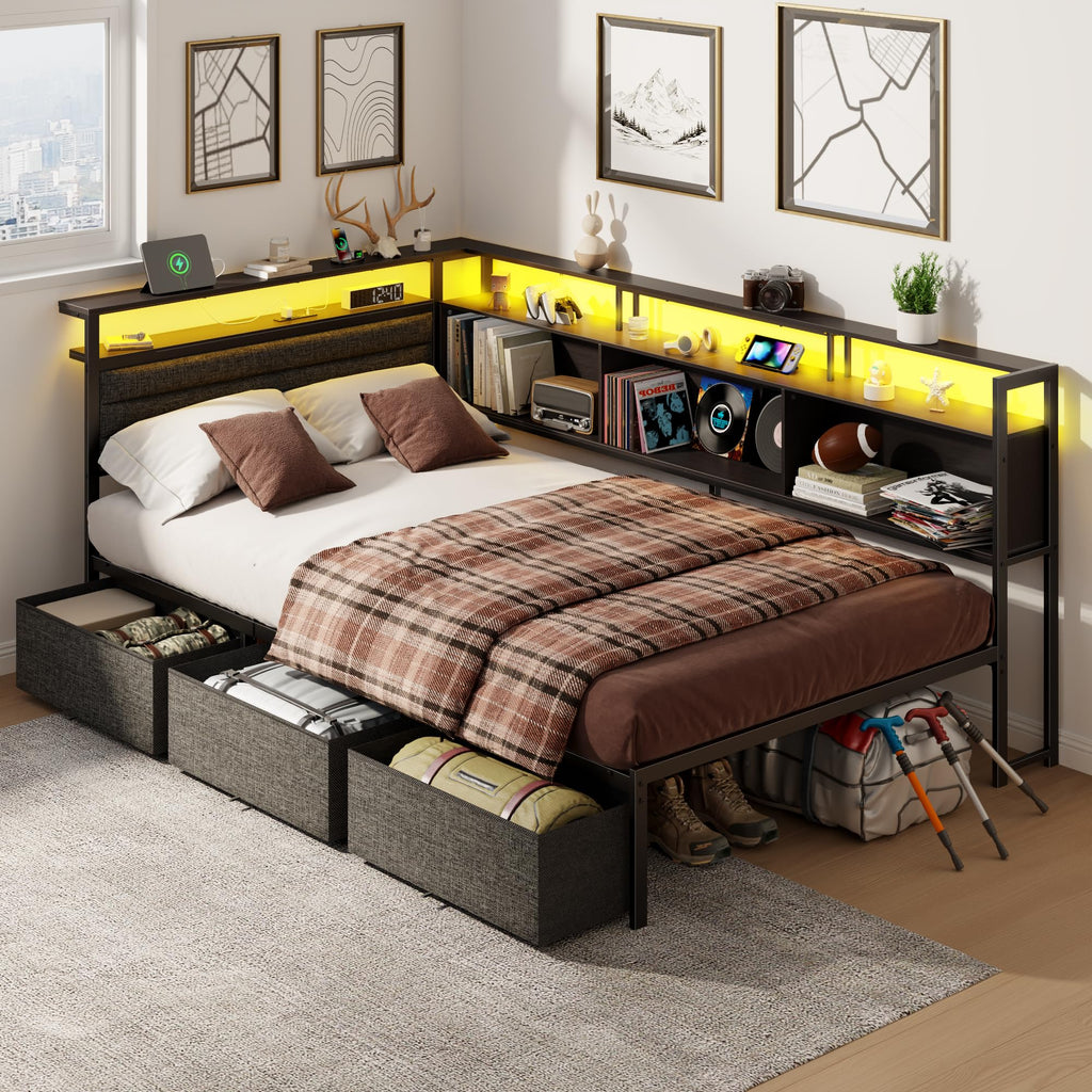 Twin Corner Bed Frame with Upholstered Headboard, 3 Storage Drawers O47978