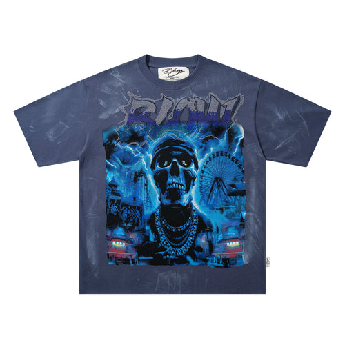 BKYS Carnival Skull Thunder Blue Washed Oversized Graphic T‑Shirt