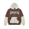 DUAA Two‑Tone Patchwork Distressed Gothic Logo Zip‑Up Hoodie
